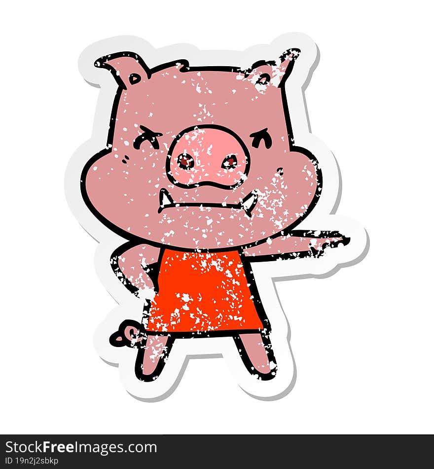 distressed sticker of a angry cartoon pig in dress pointing