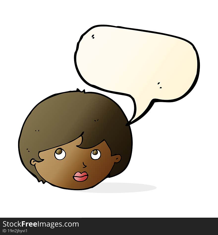 cartoon female face looking upwards with speech bubble