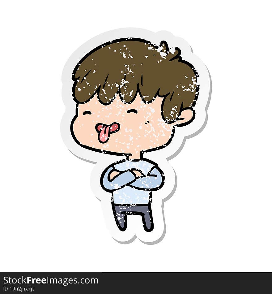 distressed sticker of a cartoon boy sticking out tongue