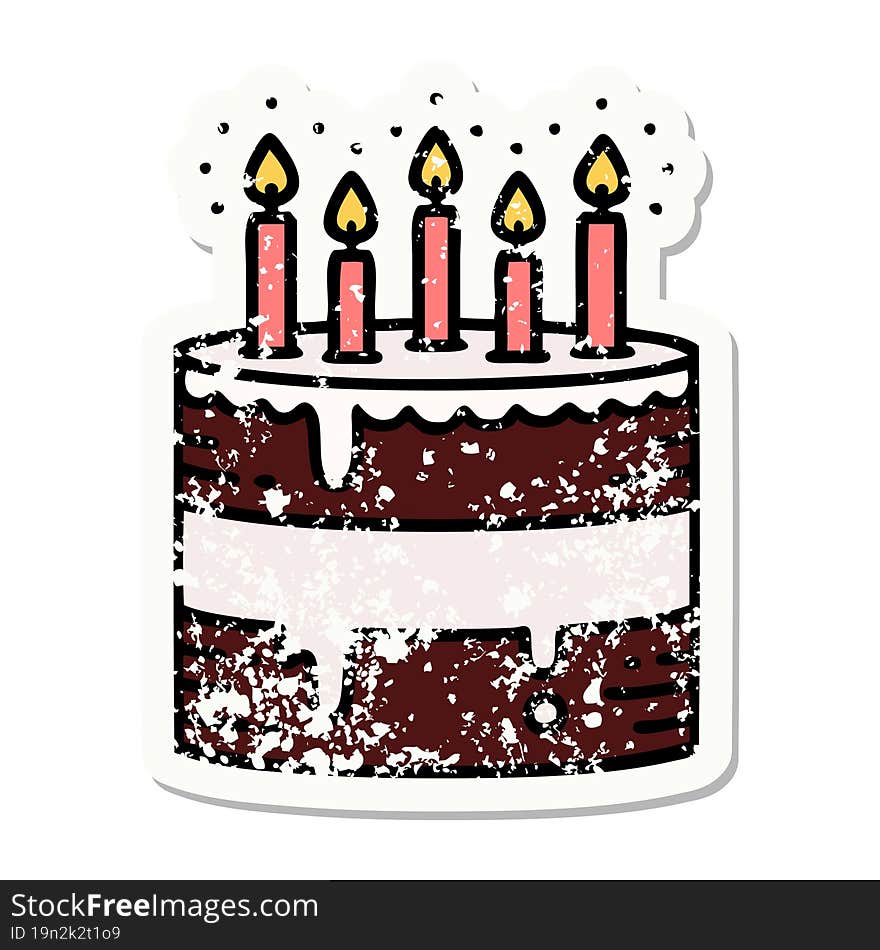 Traditional Distressed Sticker Tattoo Of A Birthday Cake