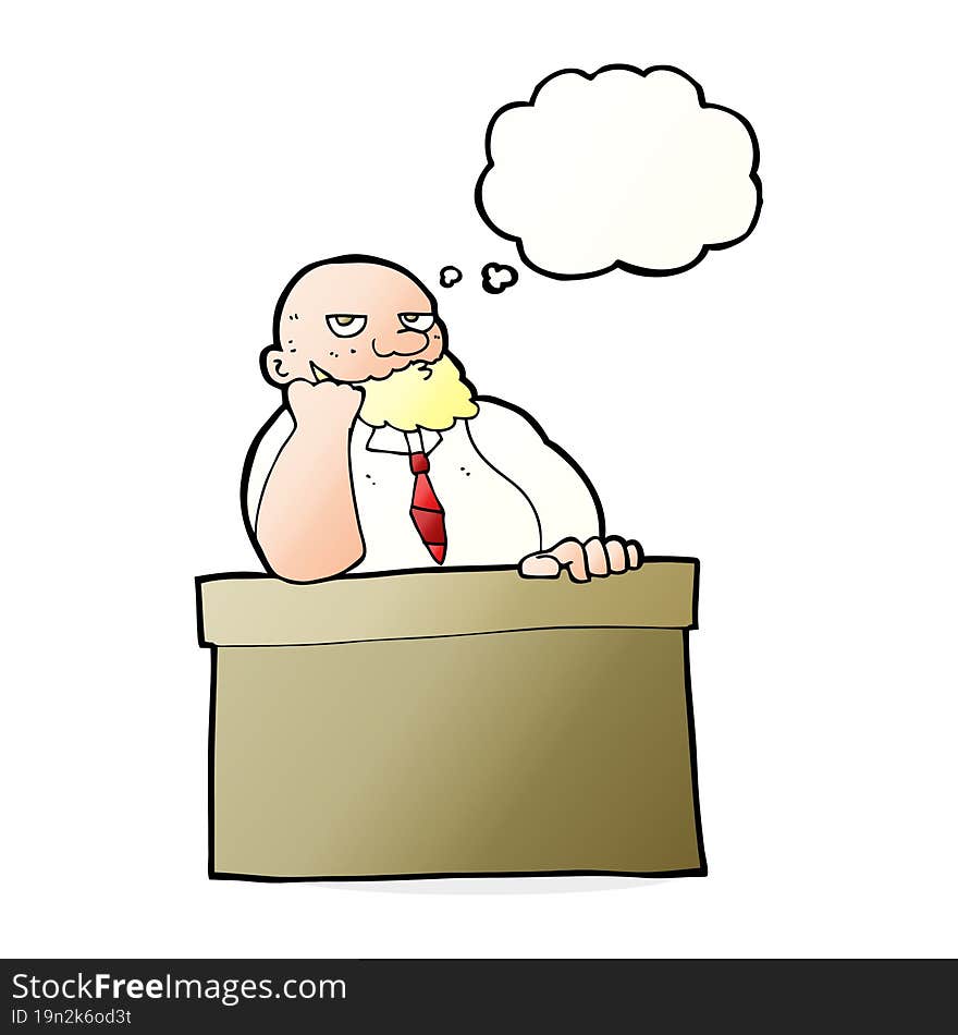 Cartoon Bored Man At Desk With Thought Bubble