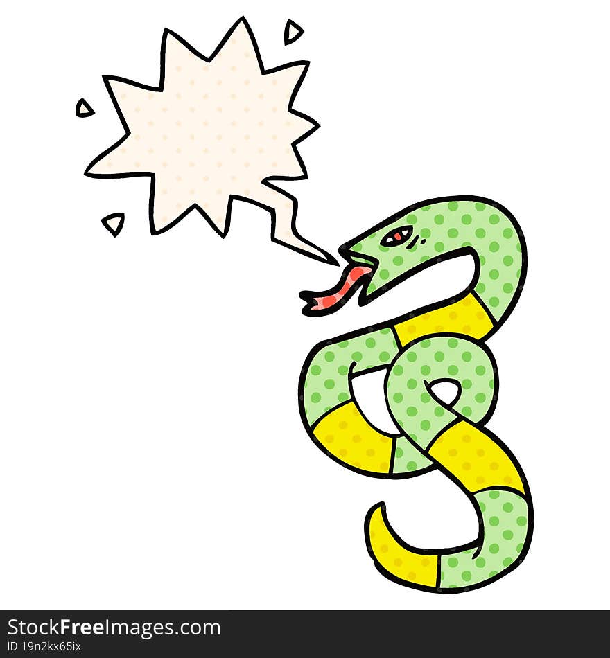 hissing cartoon snake and speech bubble in comic book style