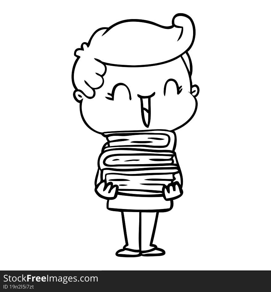 cartoon laughing boy carrying books. cartoon laughing boy carrying books