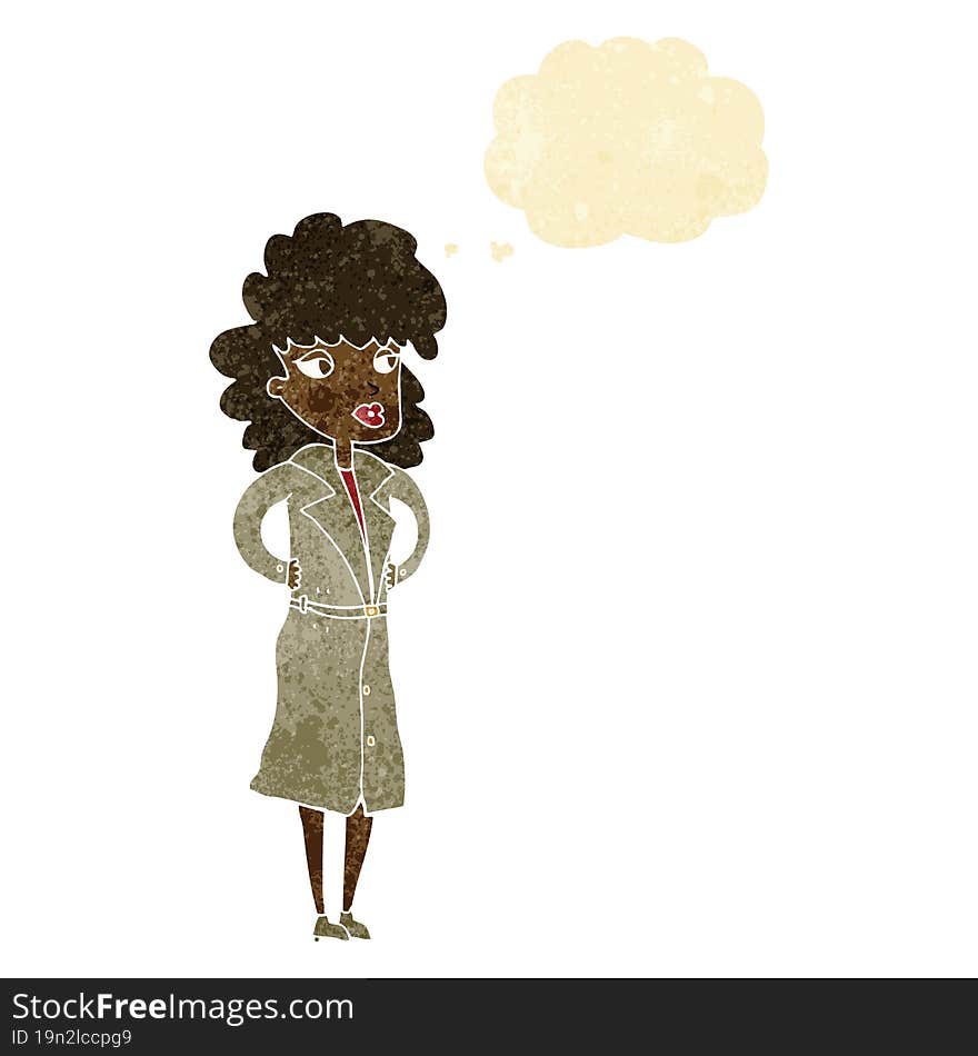 Cartoon Woman In Trench Coat With Thought Bubble