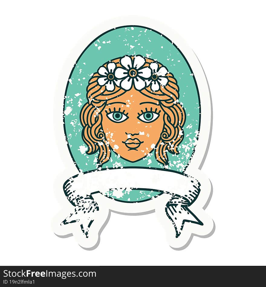 grunge sticker with banner of a maiden with crown of flowers