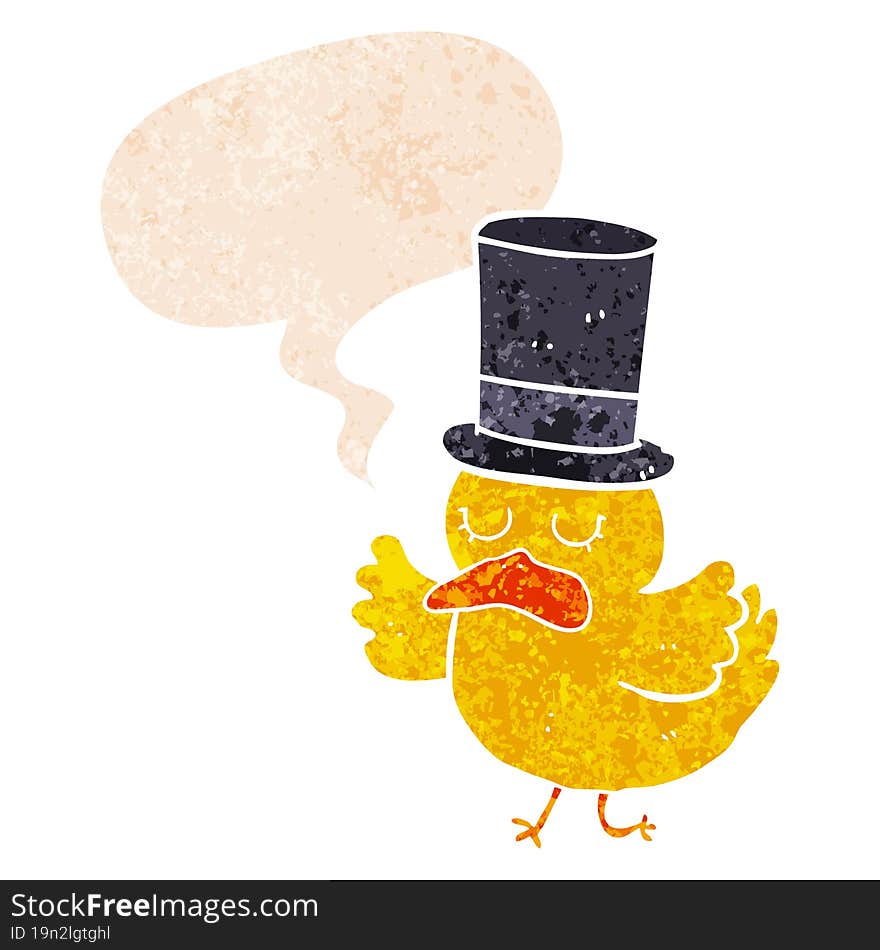 cartoon duck wearing top hat and speech bubble in retro textured style