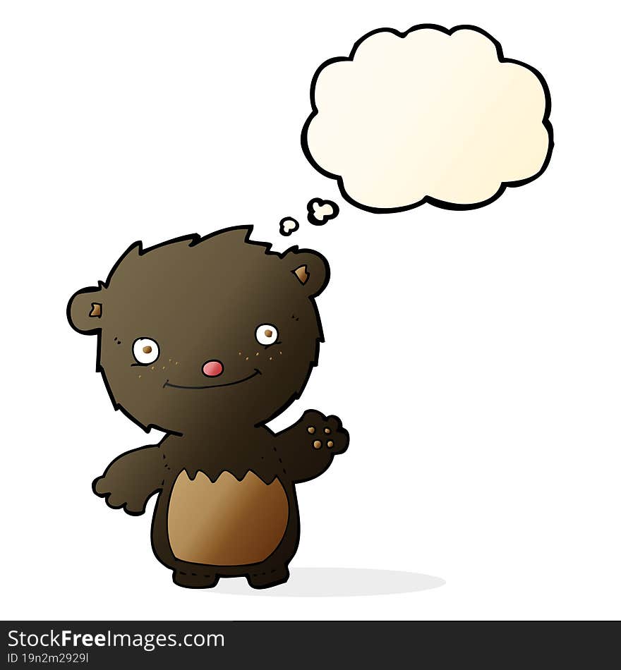 cartoon waving black bear cub with thought bubble