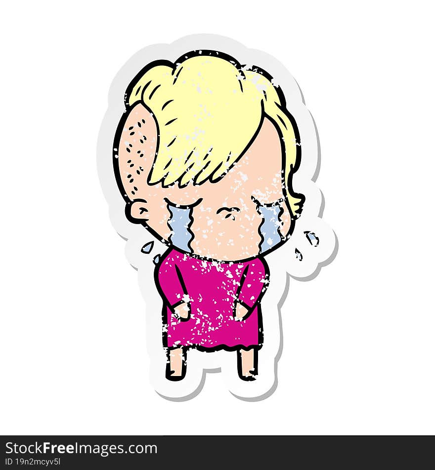 distressed sticker of a cartoon crying girl