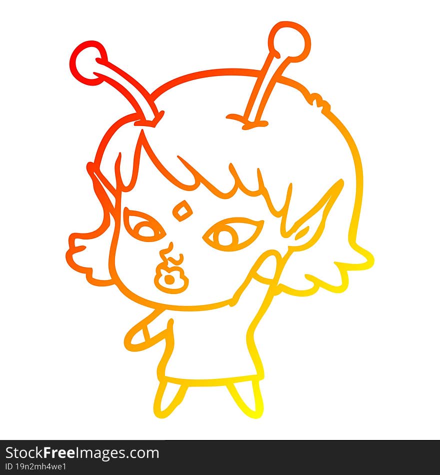 warm gradient line drawing pretty cartoon alien girl