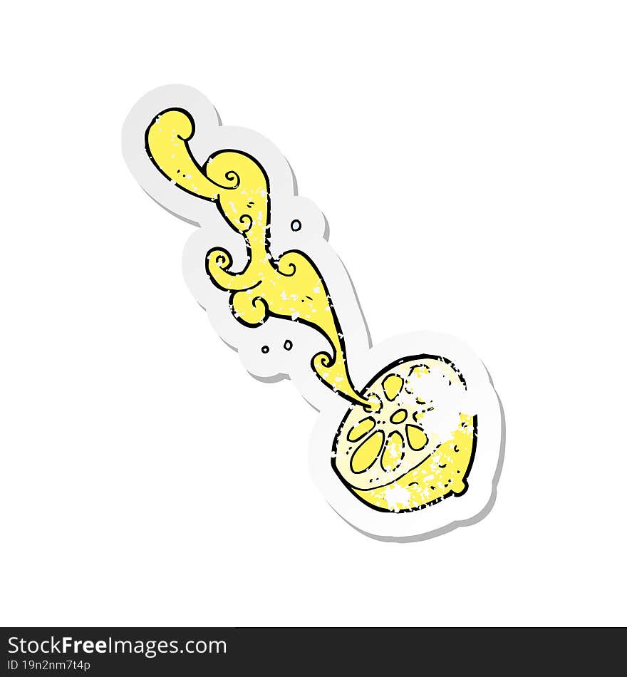 retro distressed sticker of a cartoon squirting lemon