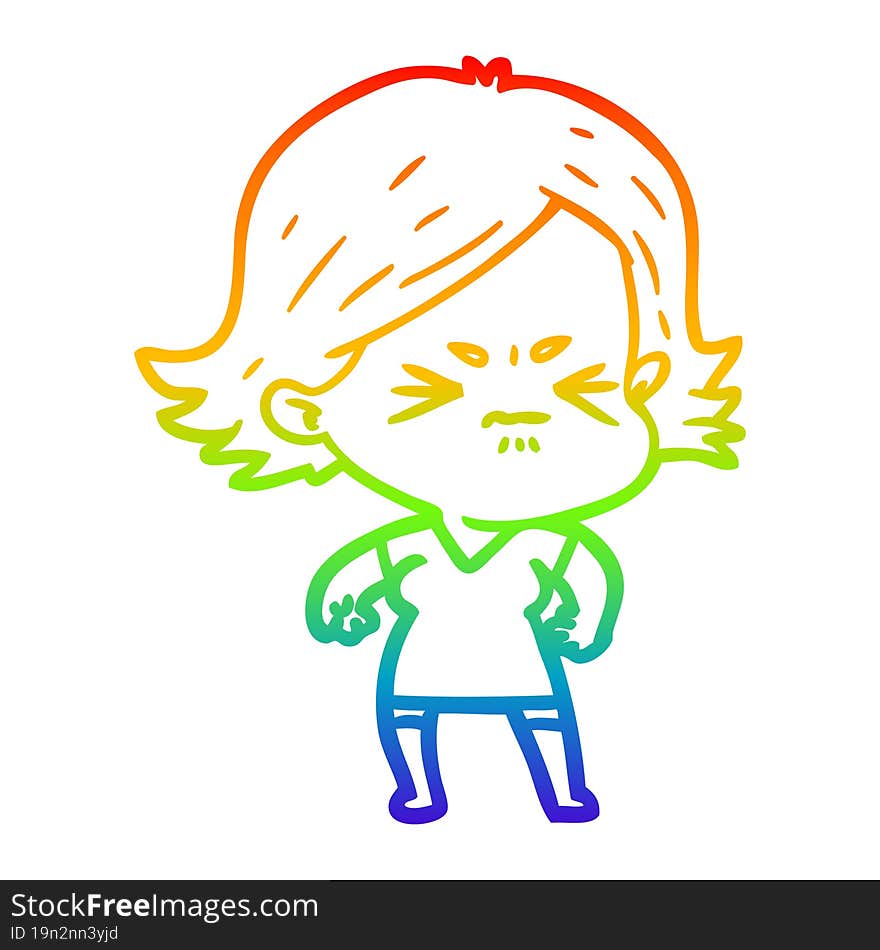 rainbow gradient line drawing of a cartoon angry woman