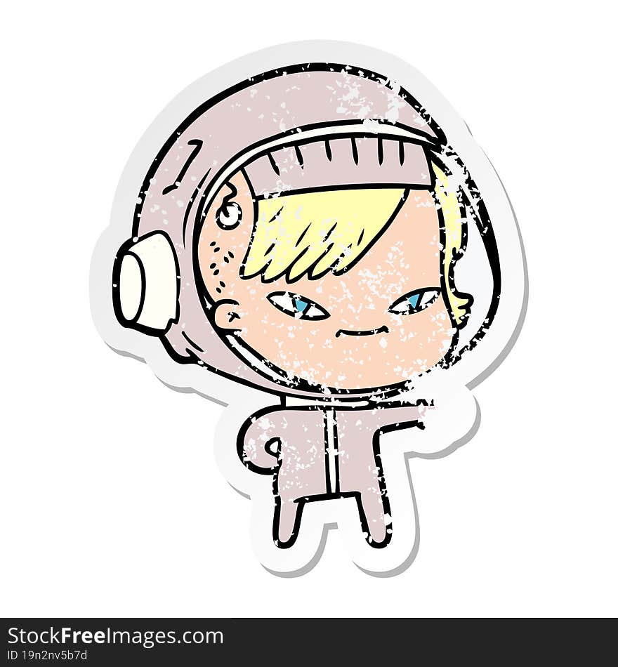 distressed sticker of a cartoon astronaut woman