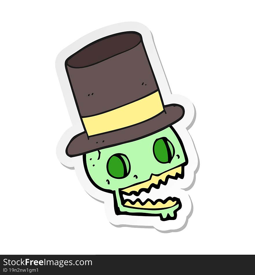 sticker of a cartoon laughing skull in top hat