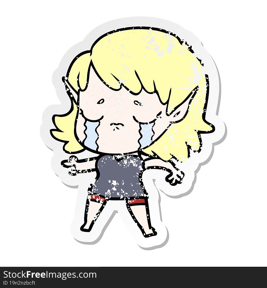 distressed sticker of a cartoon crying elf girl