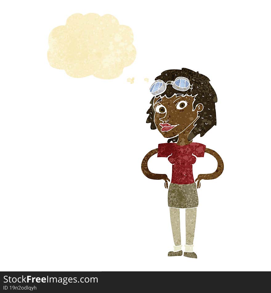 cartoon retro pilot woman with thought bubble