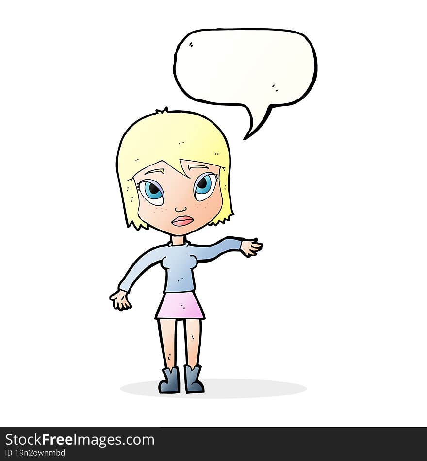 cartoon woman waving hand with speech bubble