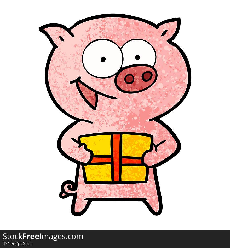 cheerful pig with christmas gift. cheerful pig with christmas gift