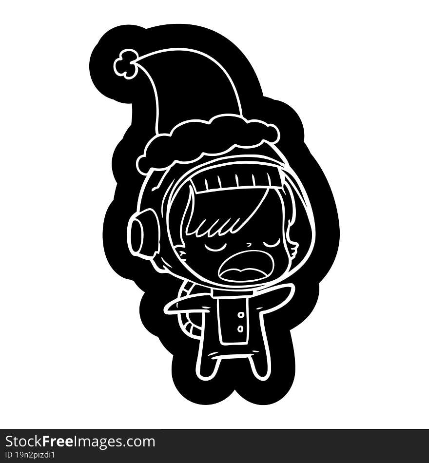 quirky cartoon icon of a talking astronaut woman wearing santa hat