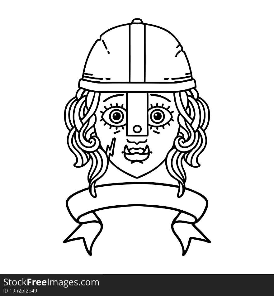 Black and White Tattoo linework Style orc fighter character face with banner. Black and White Tattoo linework Style orc fighter character face with banner