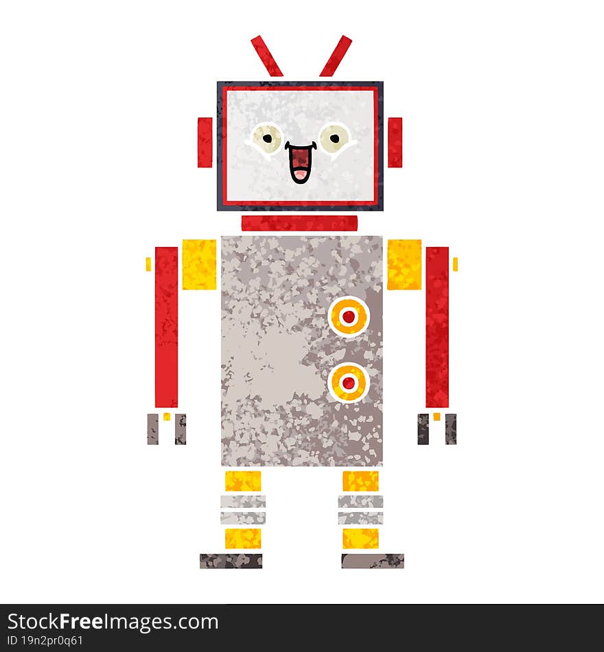 retro illustration style cartoon happy robot