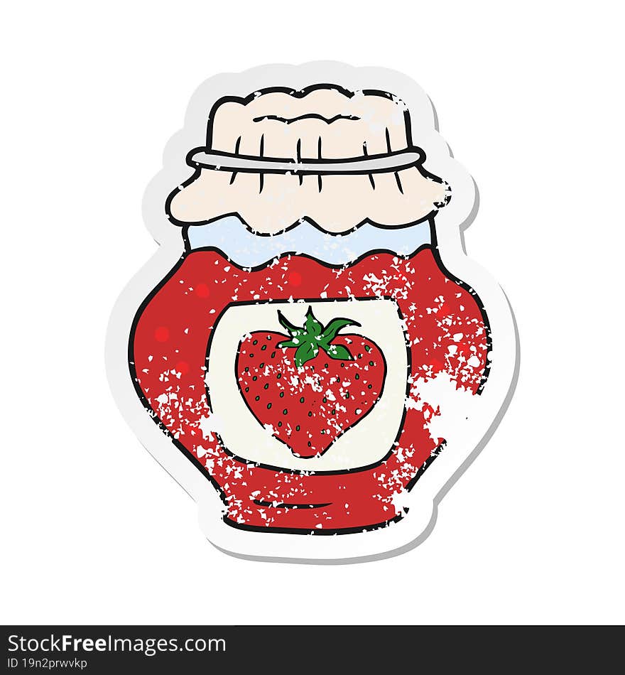 Retro Distressed Sticker Of A Cartoon Jar Of Strawberry Jam