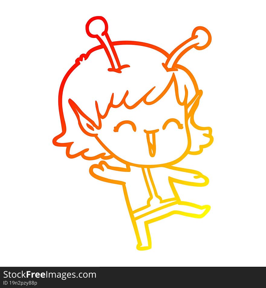 warm gradient line drawing of a cartoon alien girl laughing