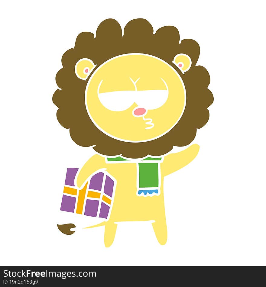 flat color style cartoon tired lion with gift