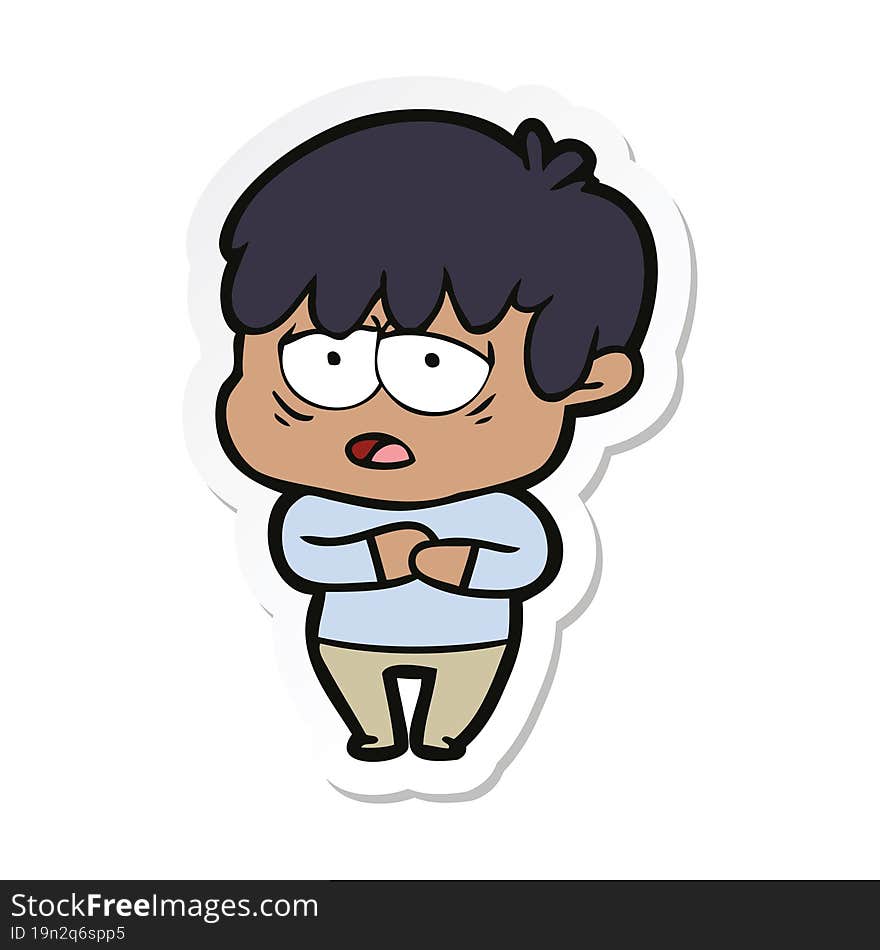 sticker of a cartoon exhausted boy