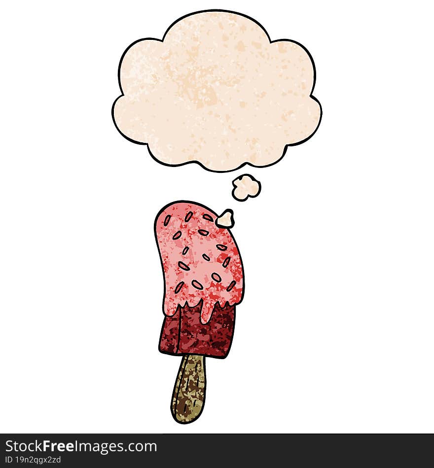 cartoon ice cream lolly and thought bubble in grunge texture pattern style