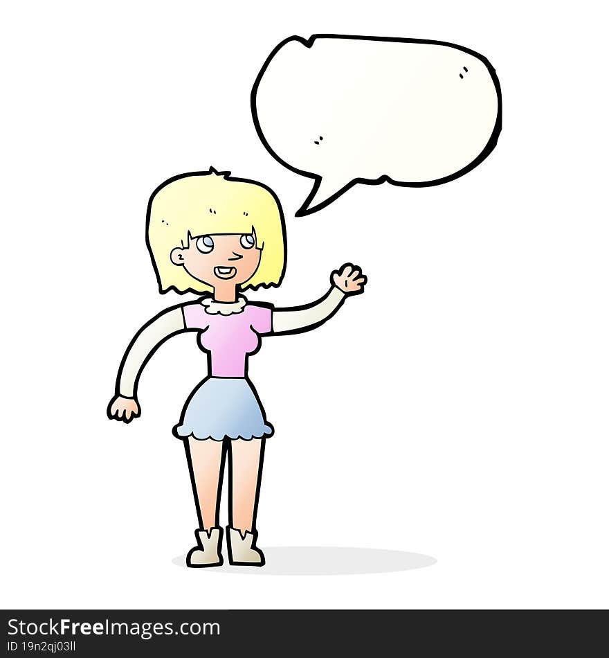 cartoon girl waving with speech bubble