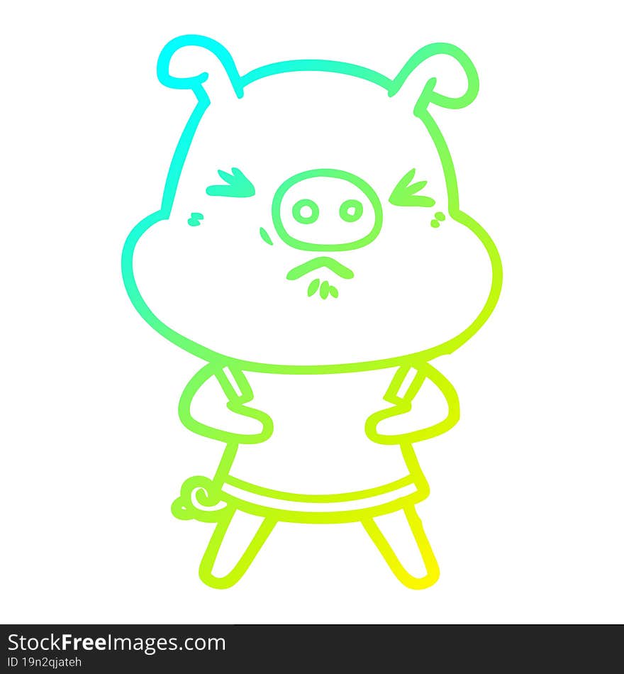 cold gradient line drawing cartoon angry pig wearing tee shirt