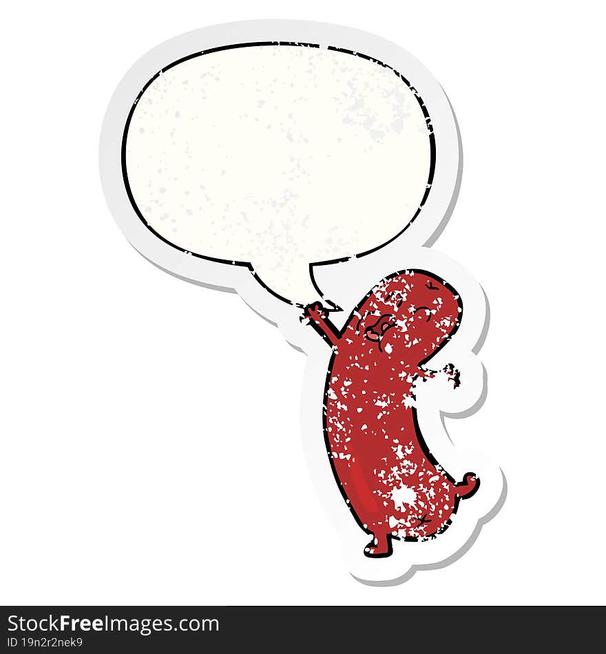 cartoon dancing sausage with speech bubble distressed distressed old sticker. cartoon dancing sausage with speech bubble distressed distressed old sticker