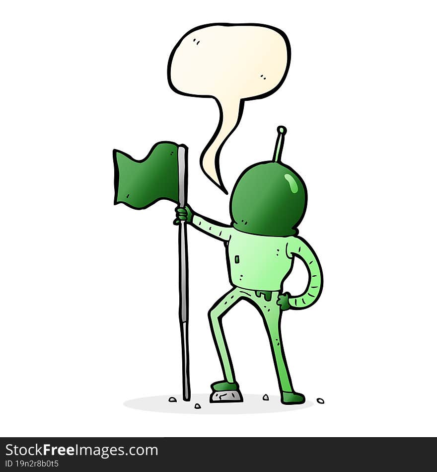 cartoon astronaut planting flag with speech bubble