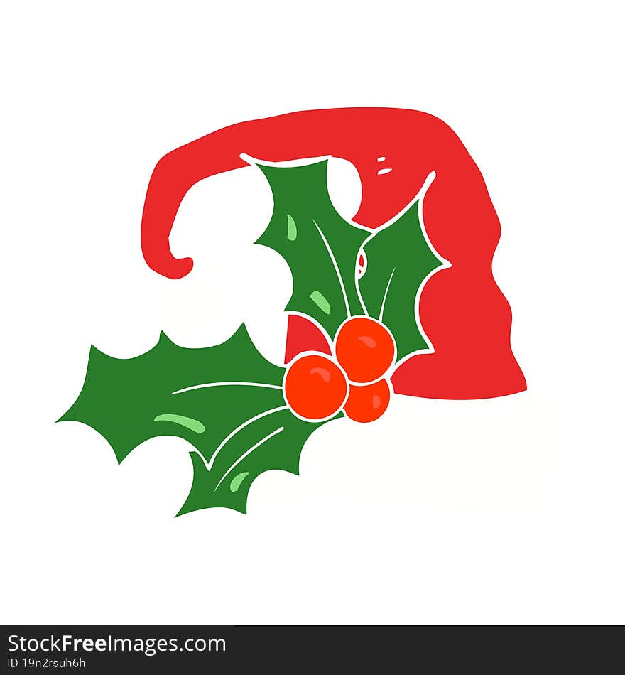 flat color illustration of a cartoon christmas holly hat