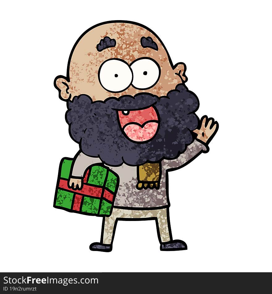 cartoon crazy happy man with beard and gift under arm. cartoon crazy happy man with beard and gift under arm