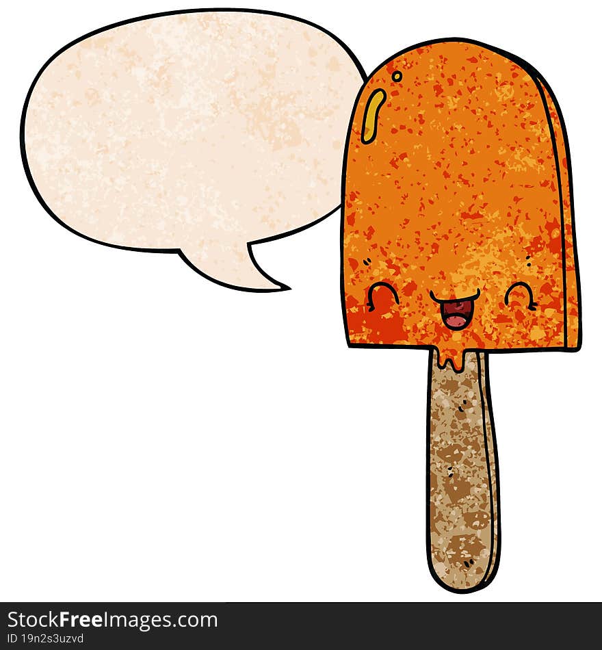 cartoon ice lolly and speech bubble in retro texture style