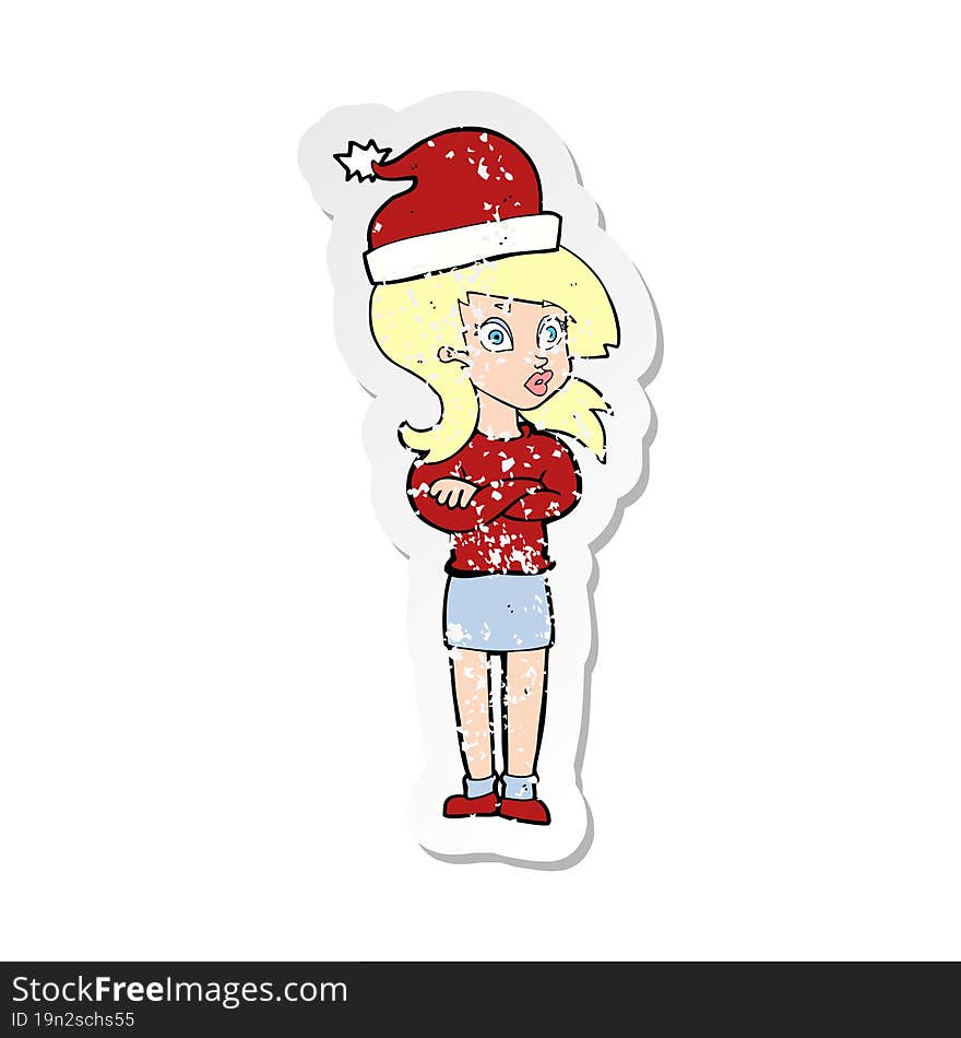 retro distressed sticker of a cartoon woman ready for christmas