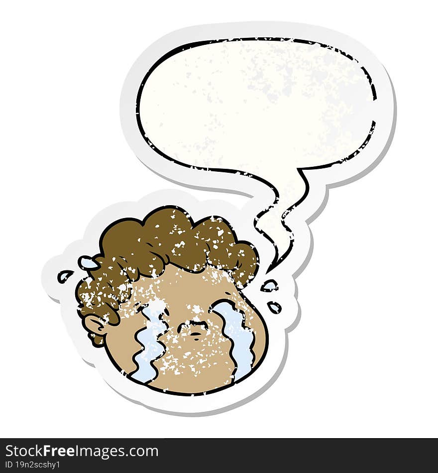 cartoon crying boy and speech bubble distressed sticker