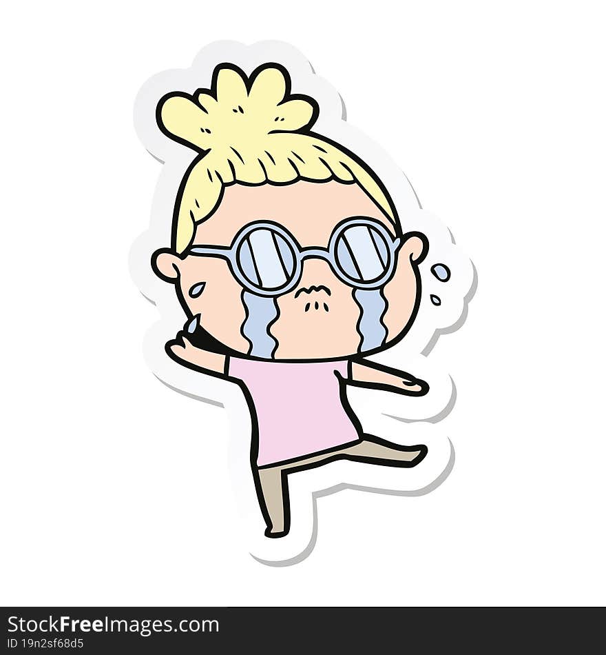 sticker of a cartoon crying woman wearing spectacles