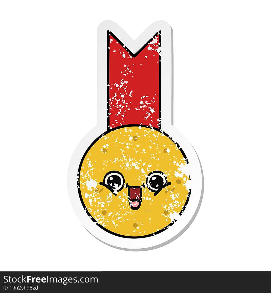 distressed sticker of a cute cartoon gold medal