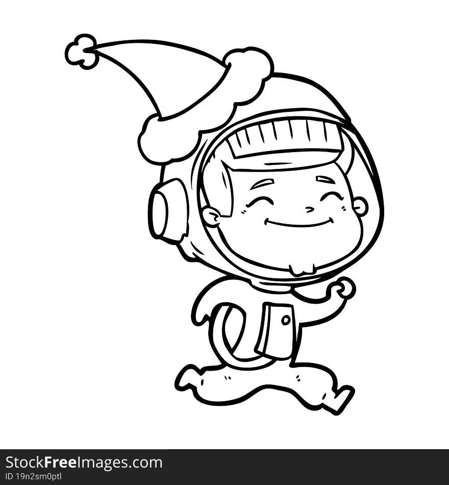 happy hand drawn line drawing of a astronaut wearing santa hat. happy hand drawn line drawing of a astronaut wearing santa hat