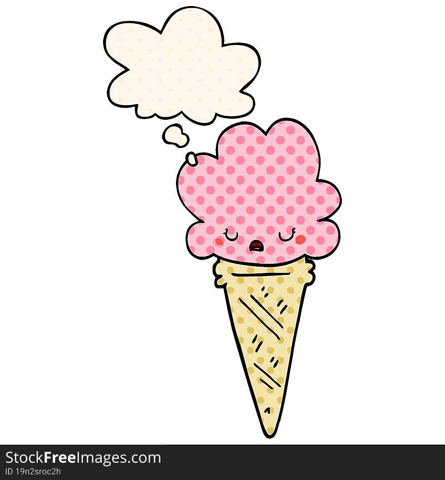 cartoon ice cream with face and thought bubble in comic book style