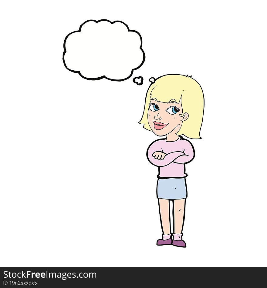 cartoon happy woman looking over with thought bubble