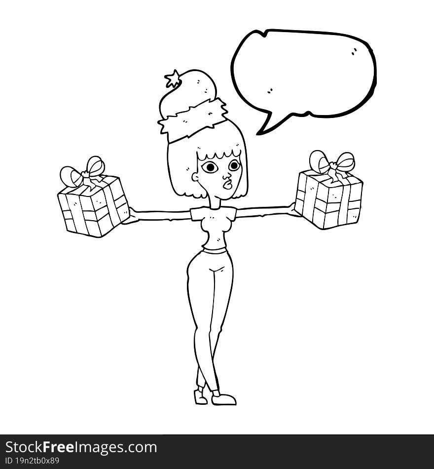 speech bubble cartoon woman with xmas presents