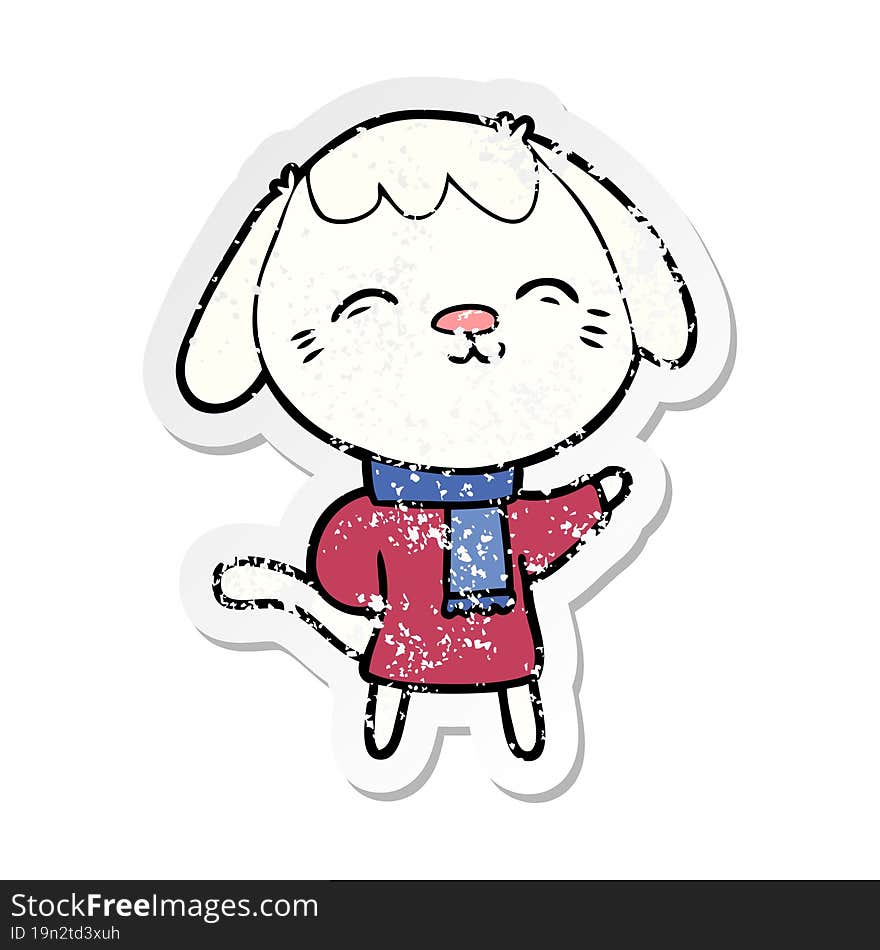 distressed sticker of a happy cartoon dog in winter clothes