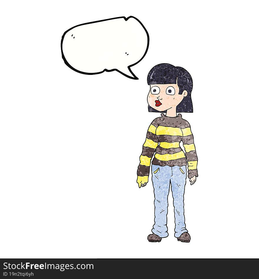 freehand speech bubble textured cartoon woman in casual clothes