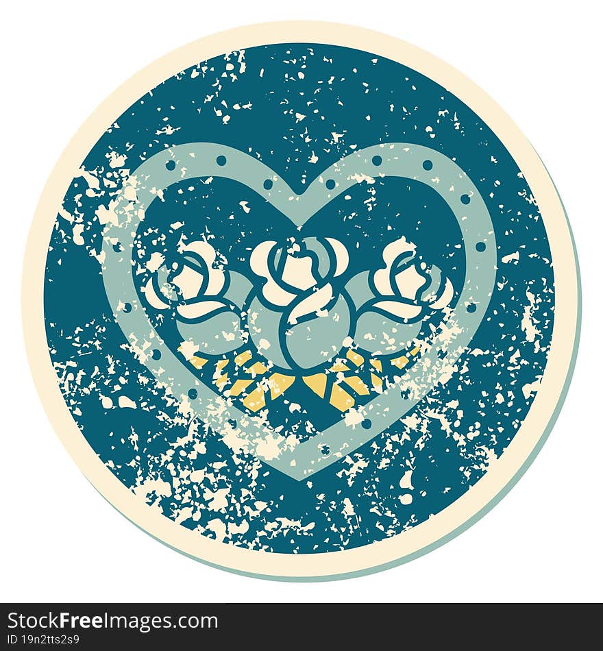 iconic distressed sticker tattoo style image of a heart and flowers. iconic distressed sticker tattoo style image of a heart and flowers