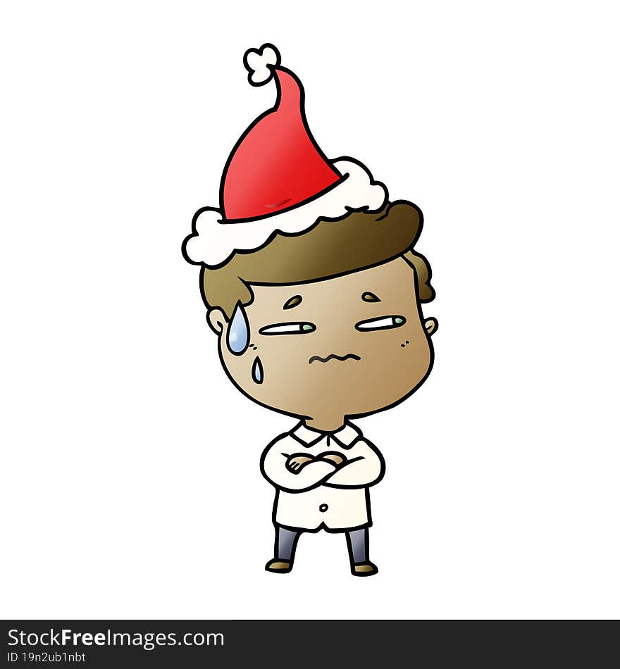 gradient cartoon of a anxious man wearing santa hat