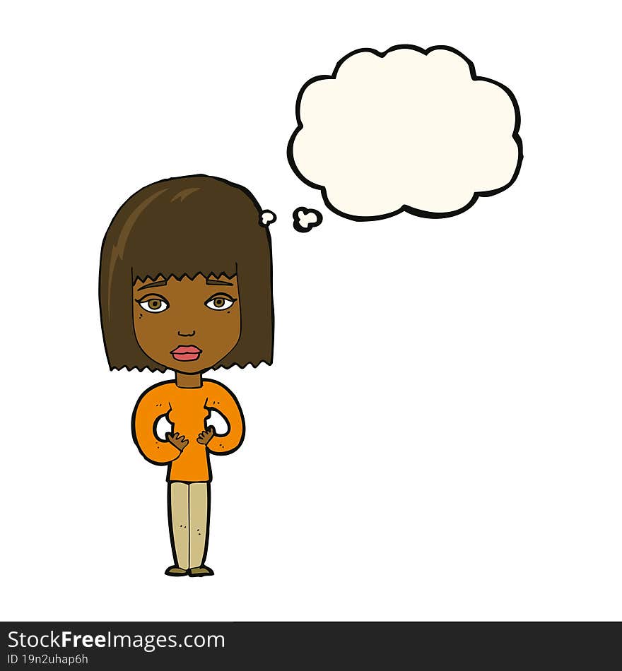 cartoon woman indicating self with thought bubble