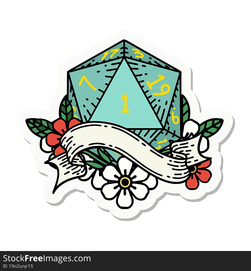 natural one d20 dice roll sticker